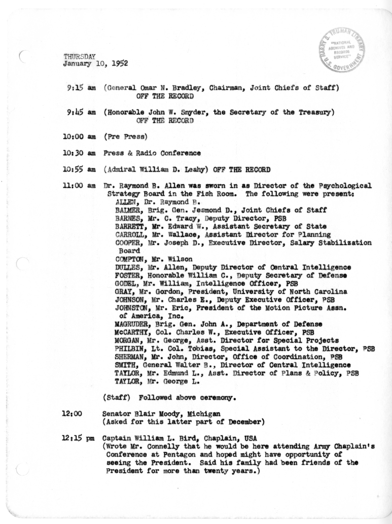 Daily Appointment Sheet for President Harry S. Truman