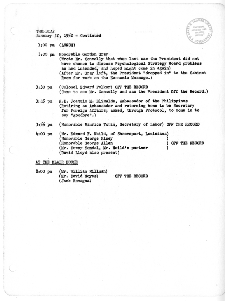 Daily Appointment Sheet for President Harry S. Truman