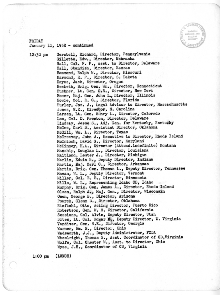 Daily Appointment Sheet for President Harry S. Truman