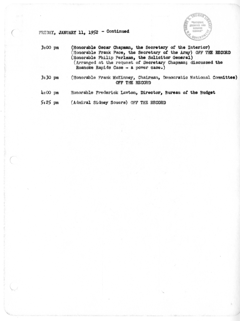 Daily Appointment Sheet for President Harry S. Truman