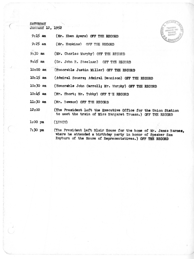 Daily Appointment Sheet for President Harry S. Truman
