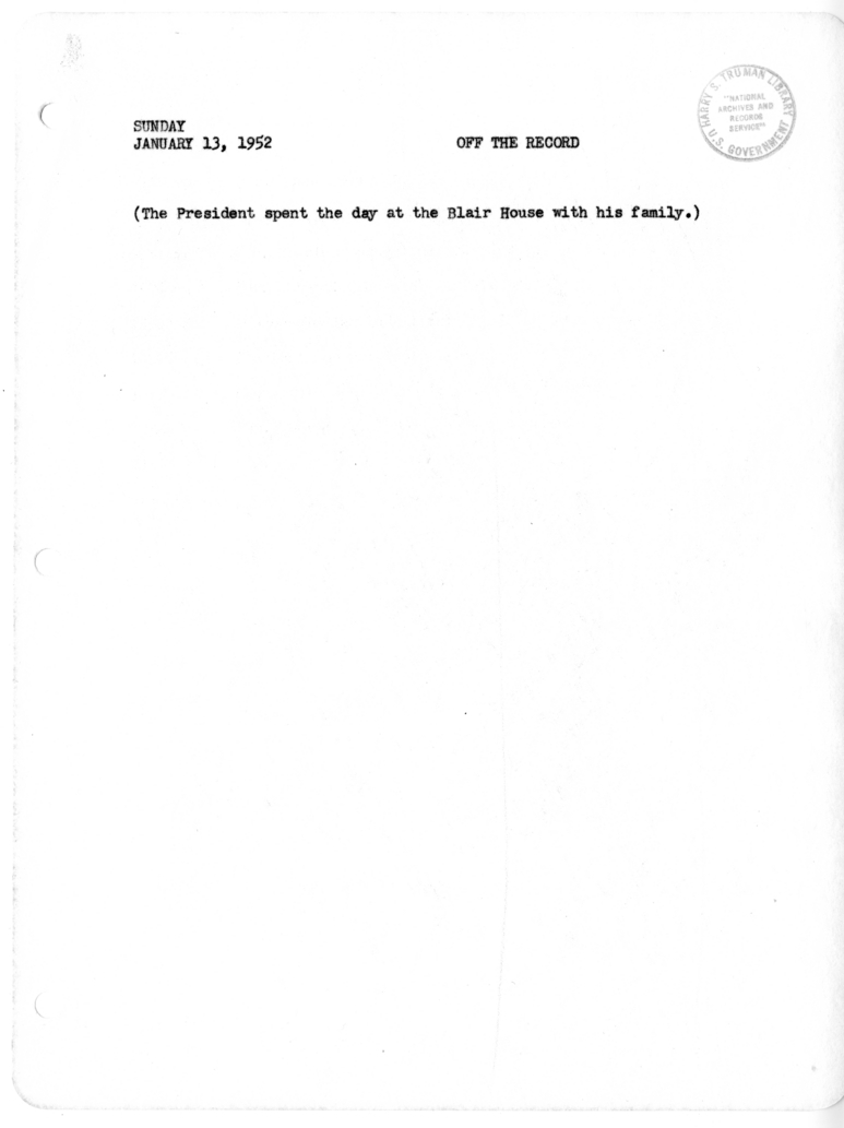 Daily Appointment Sheet for President Harry S. Truman