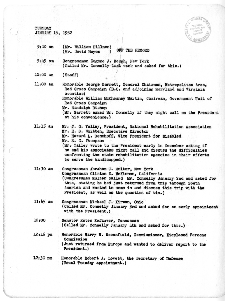 Daily Appointment Sheet for President Harry S. Truman