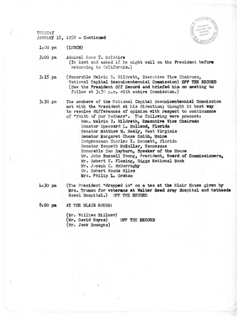 Daily Appointment Sheet for President Harry S. Truman