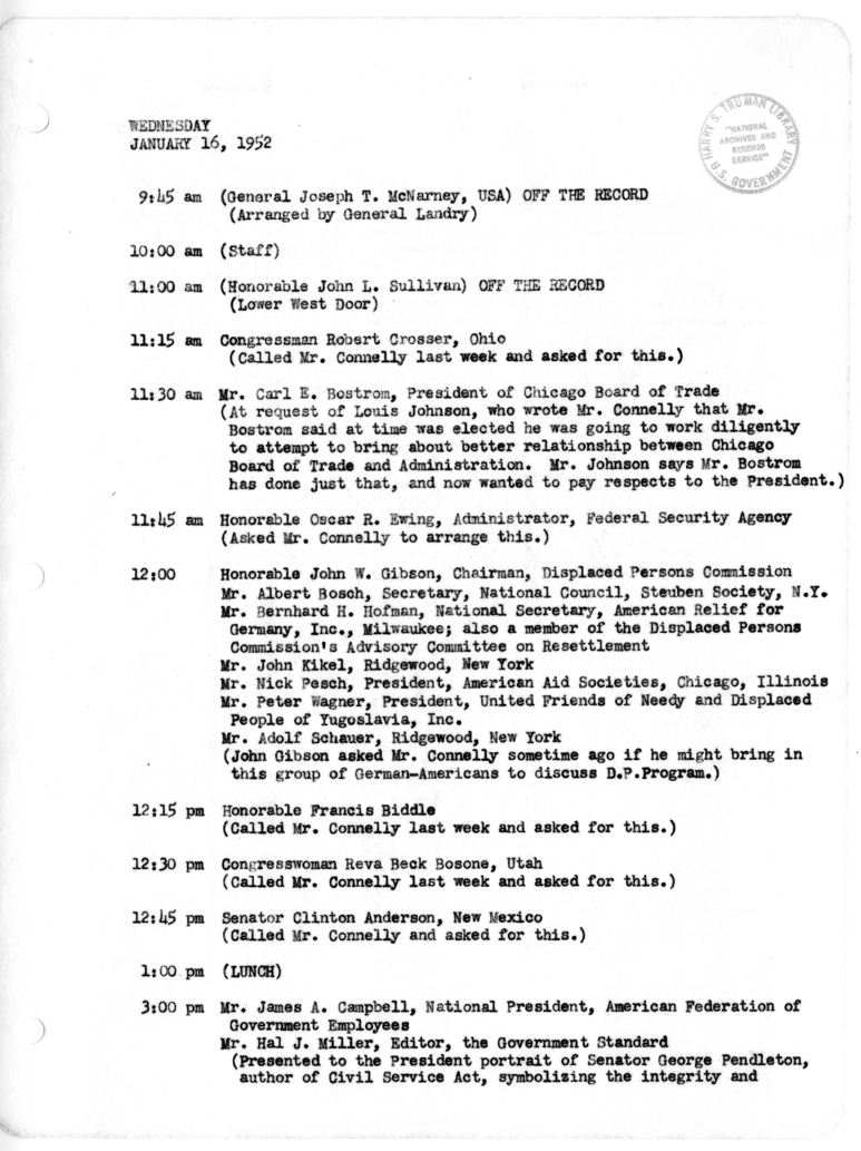 Daily Appointment Sheet for President Harry S. Truman