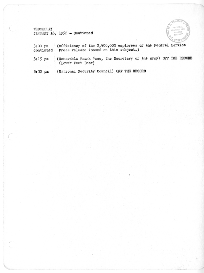 Daily Appointment Sheet for President Harry S. Truman