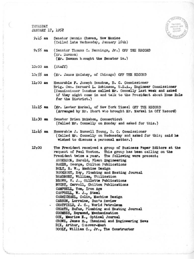 Daily Appointment Sheet for President Harry S. Truman