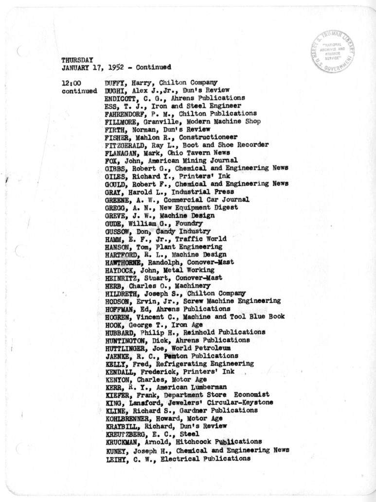 Daily Appointment Sheet for President Harry S. Truman