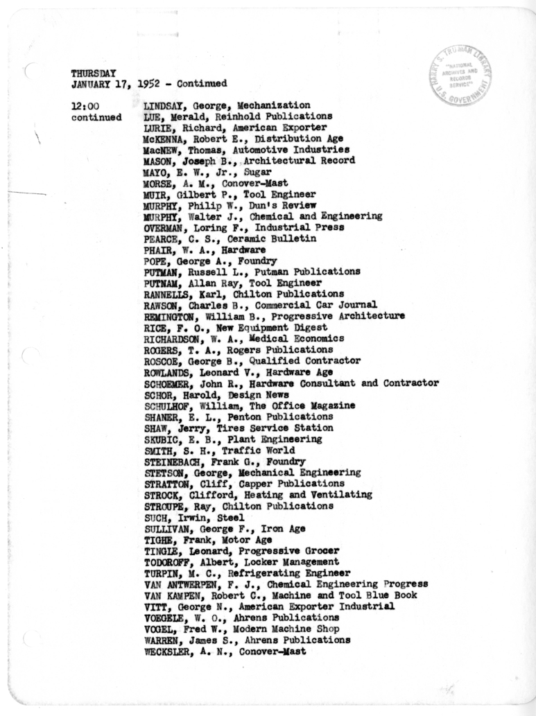 Daily Appointment Sheet for President Harry S. Truman