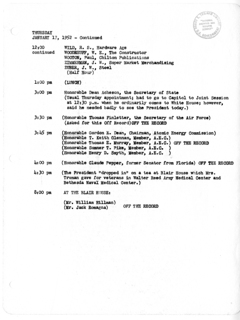 Daily Appointment Sheet for President Harry S. Truman