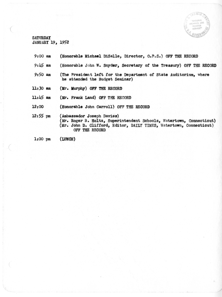 Daily Appointment Sheet for President Harry S. Truman