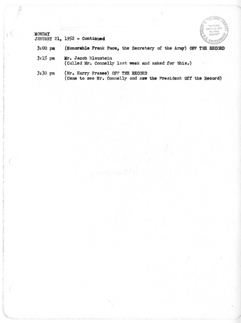 Daily Appointment Sheet for President Harry S. Truman