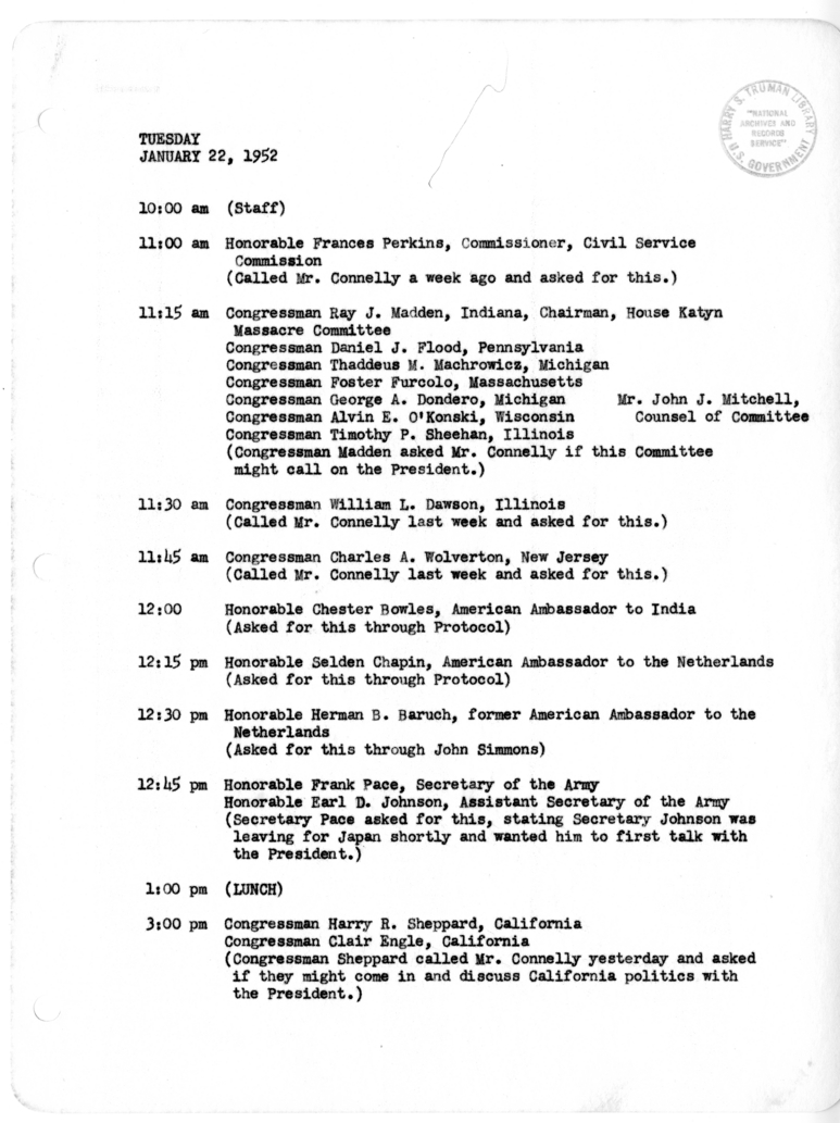 Daily Appointment Sheet for President Harry S. Truman