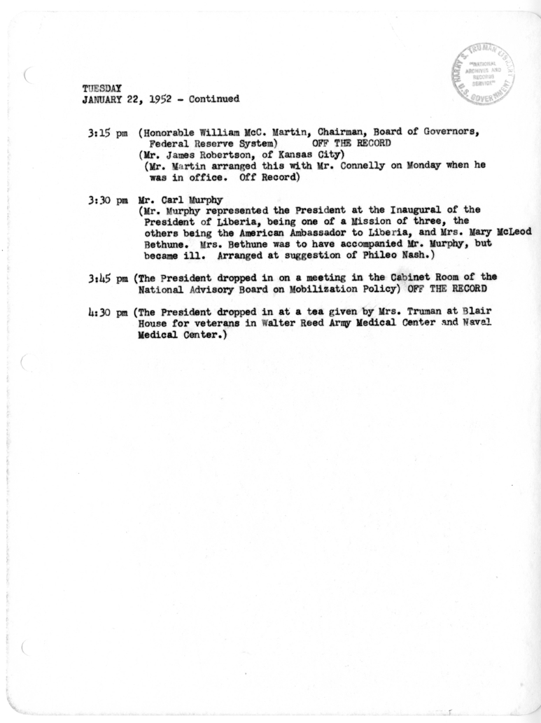 Daily Appointment Sheet for President Harry S. Truman