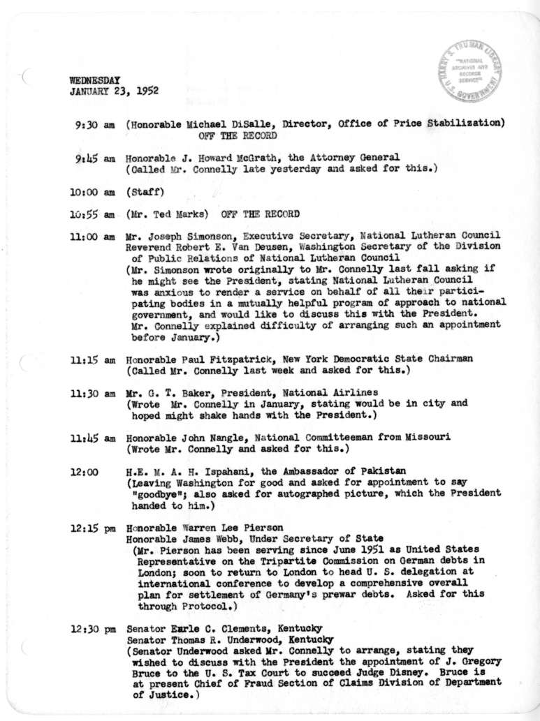 Daily Appointment Sheet for President Harry S. Truman