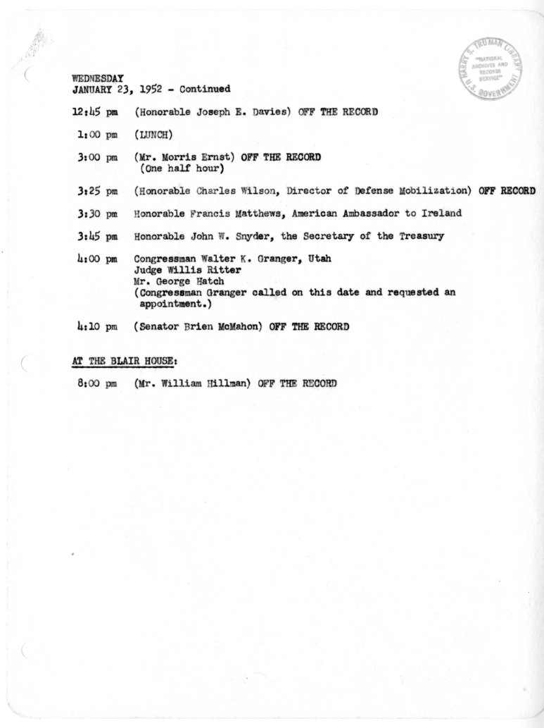 Daily Appointment Sheet for President Harry S. Truman