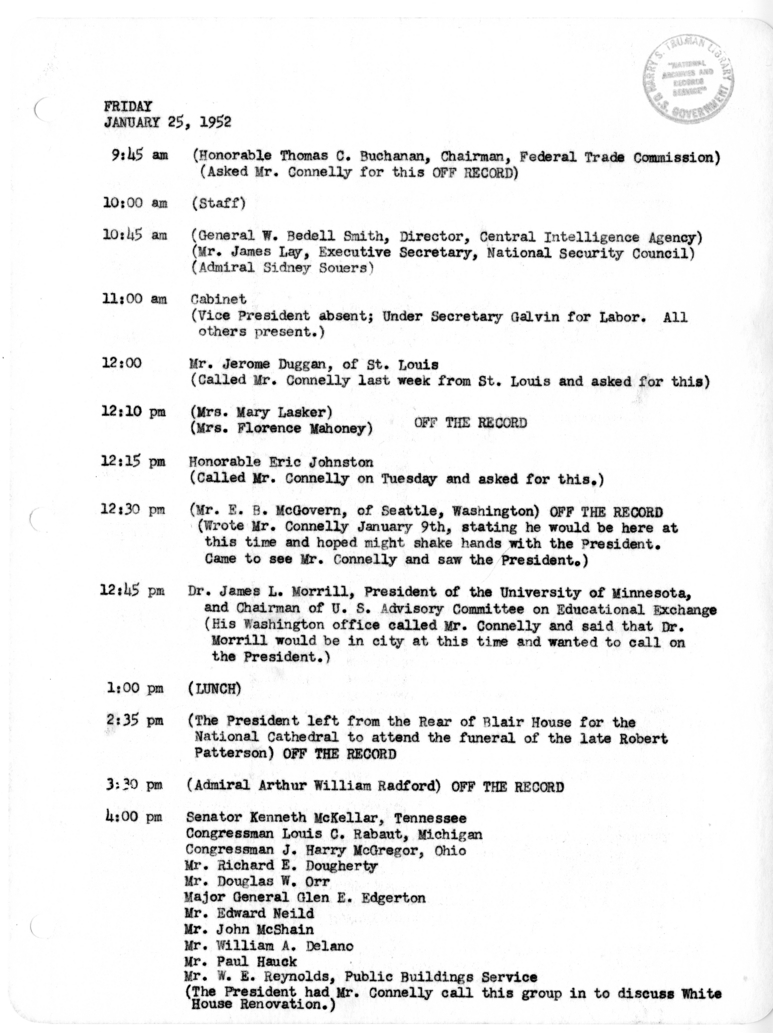 Daily Appointment Sheet for President Harry S. Truman