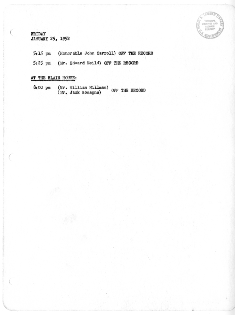 Daily Appointment Sheet for President Harry S. Truman