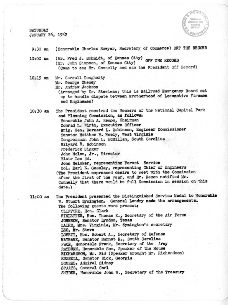 Daily Appointment Sheet for President Harry S. Truman