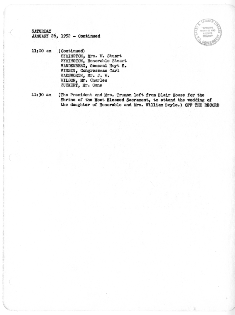 Daily Appointment Sheet for President Harry S. Truman