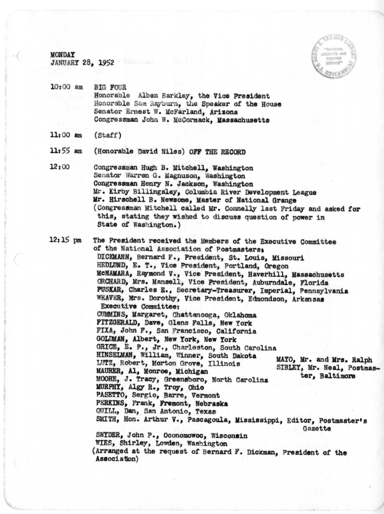 Daily Appointment Sheet for President Harry S. Truman