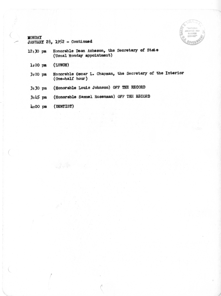 Daily Appointment Sheet for President Harry S. Truman