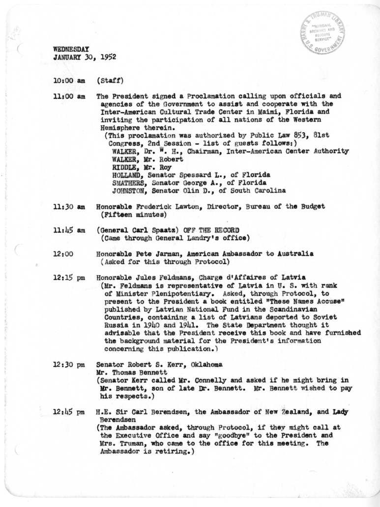 Daily Appointment Sheet for President Harry S. Truman