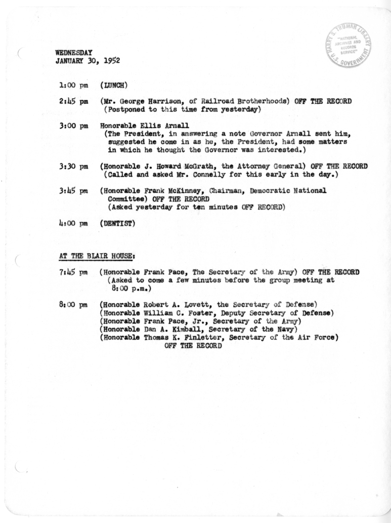 Daily Appointment Sheet for President Harry S. Truman