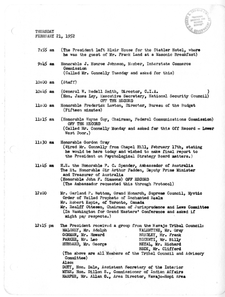 Daily Appointment Sheet for President Harry S. Truman
