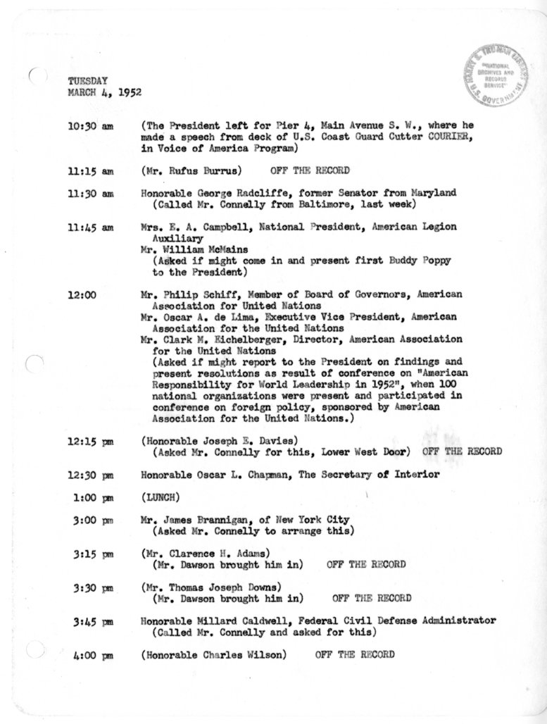 Daily Appointment Sheet for President Harry S. Truman