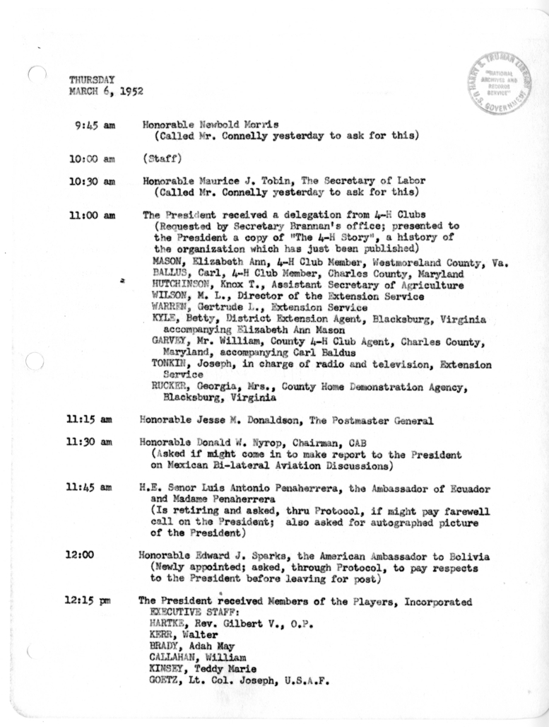Daily Appointment Sheet for President Harry S. Truman
