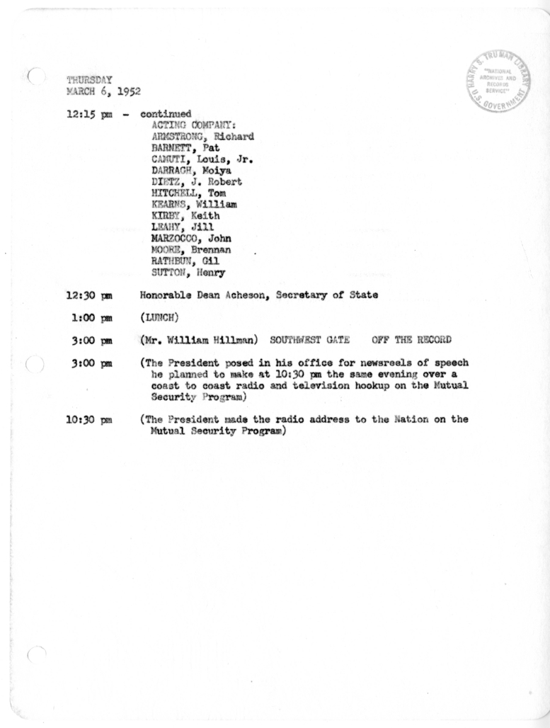 Daily Appointment Sheet for President Harry S. Truman