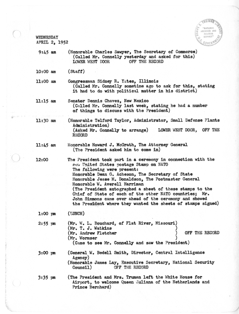 Daily Appointment Sheet for President Harry S. Truman