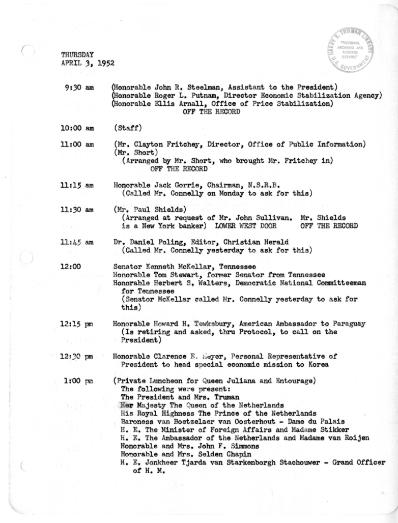 Daily Appointment Sheet for President Harry S. Truman