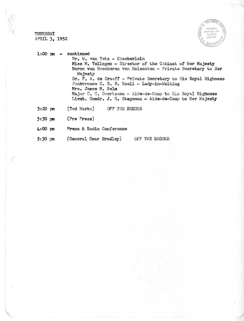 Daily Appointment Sheet for President Harry S. Truman