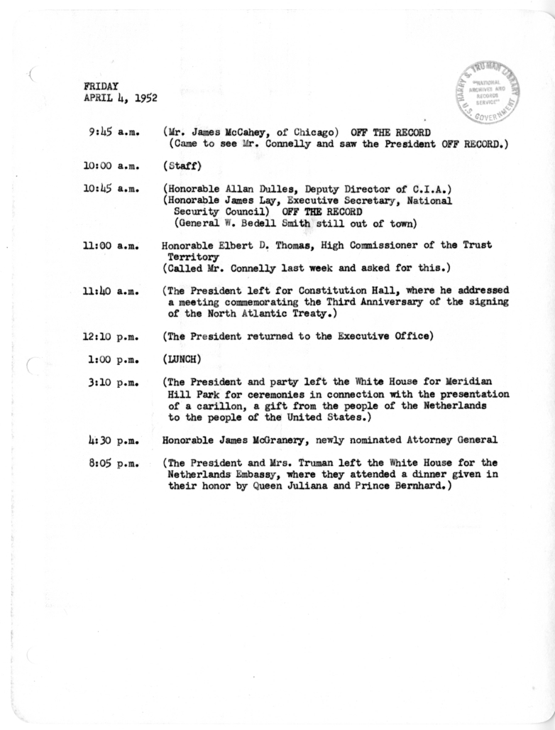 Daily Appointment Sheet for President Harry S. Truman