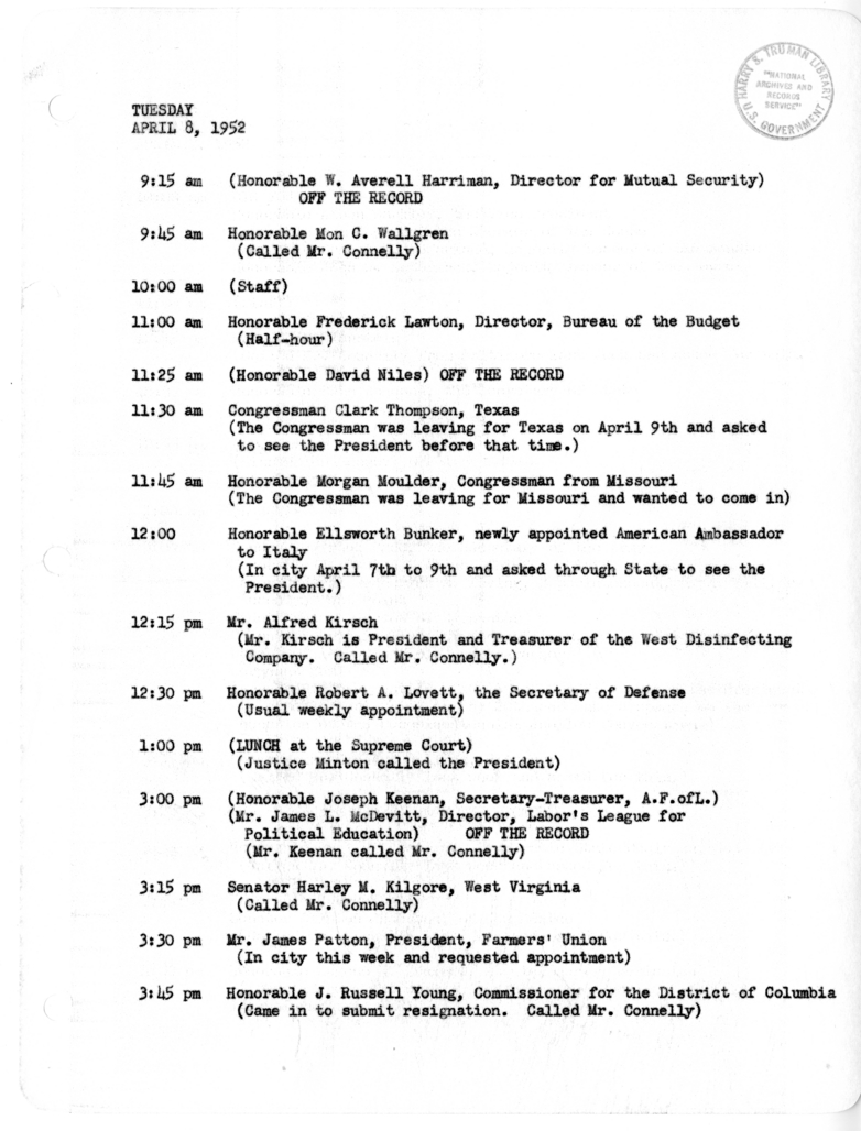 Daily Appointment Sheet for President Harry S. Truman