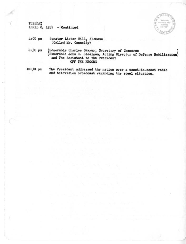 Daily Appointment Sheet for President Harry S. Truman