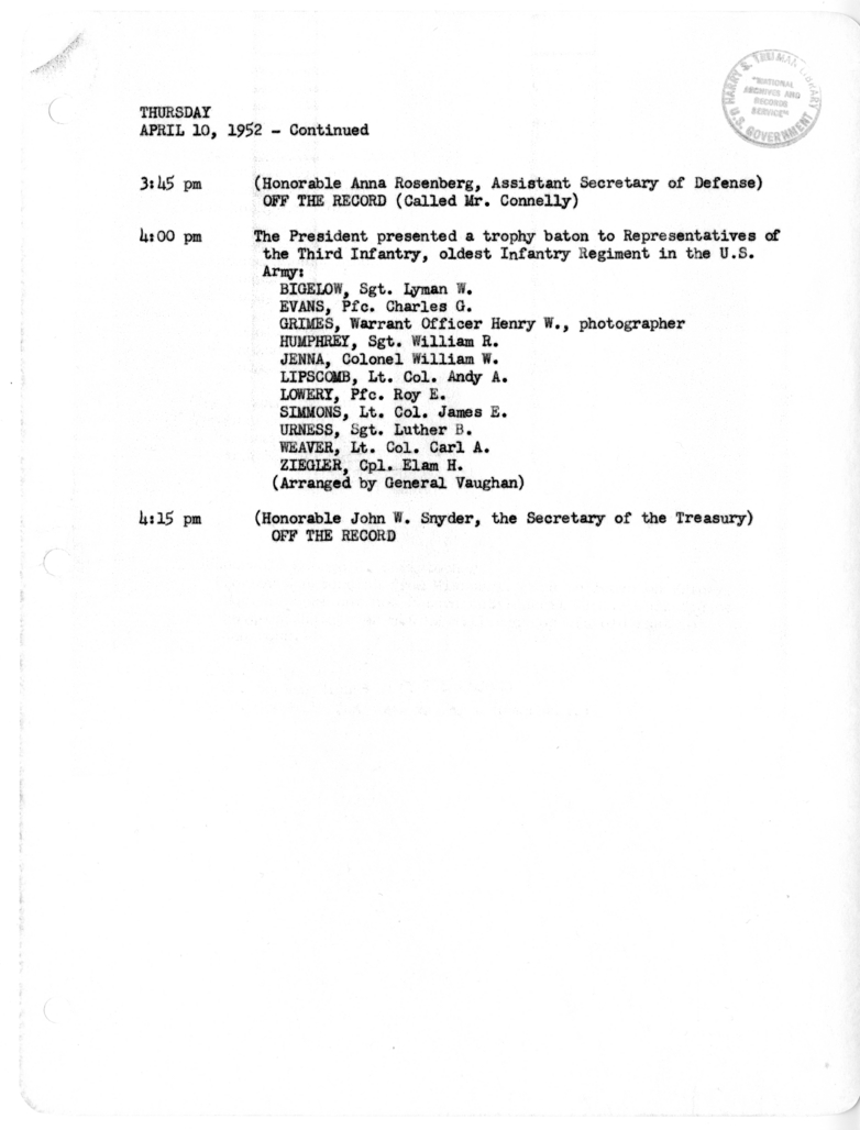 Daily Appointment Sheet for President Harry S. Truman
