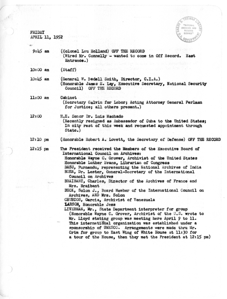 Daily Appointment Sheet for President Harry S. Truman