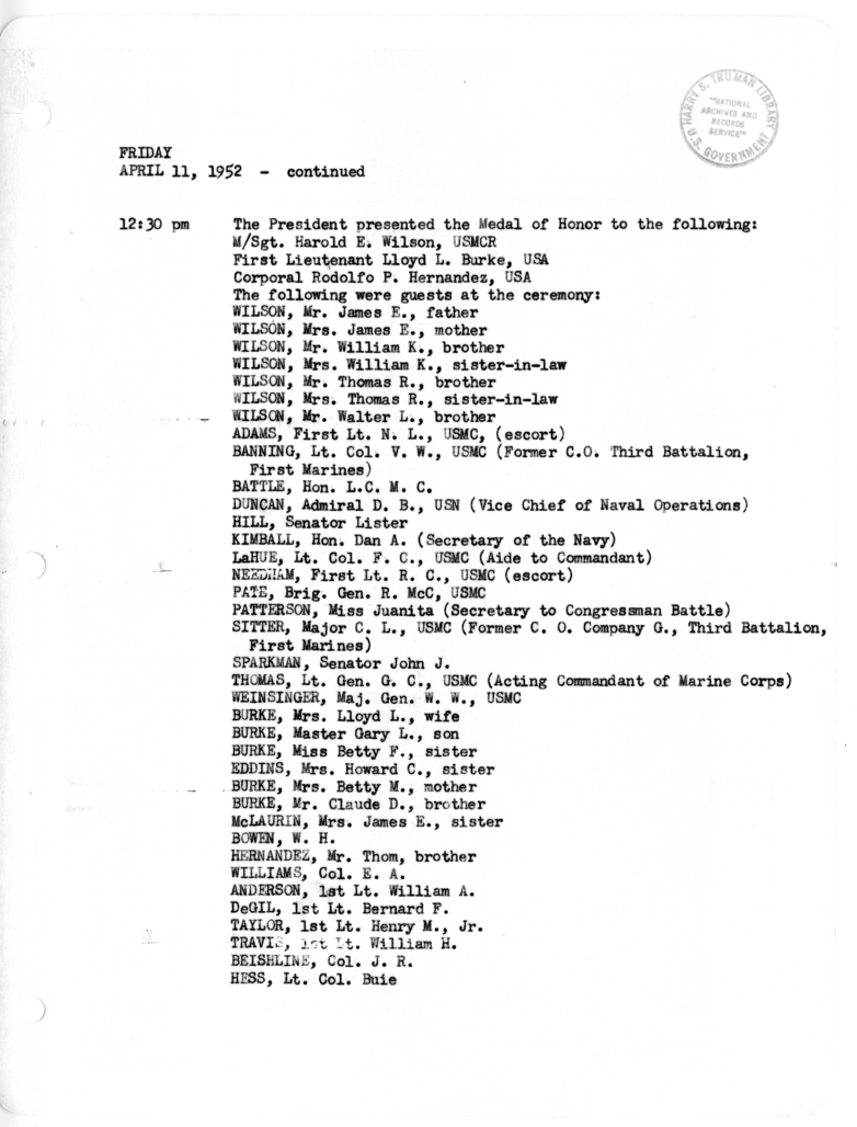 Daily Appointment Sheet for President Harry S. Truman