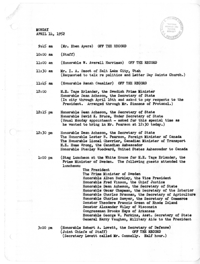 Daily Appointment Sheet for President Harry S. Truman