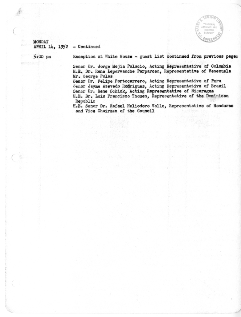 Daily Appointment Sheet for President Harry S. Truman