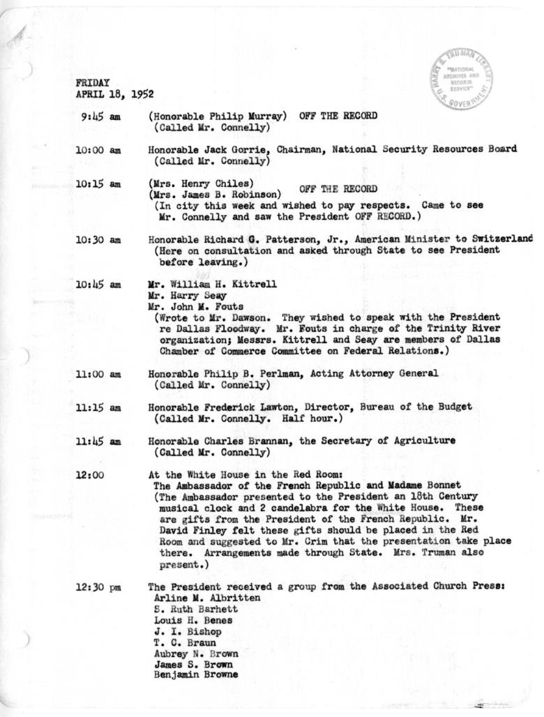 Daily Appointment Sheet for President Harry S. Truman