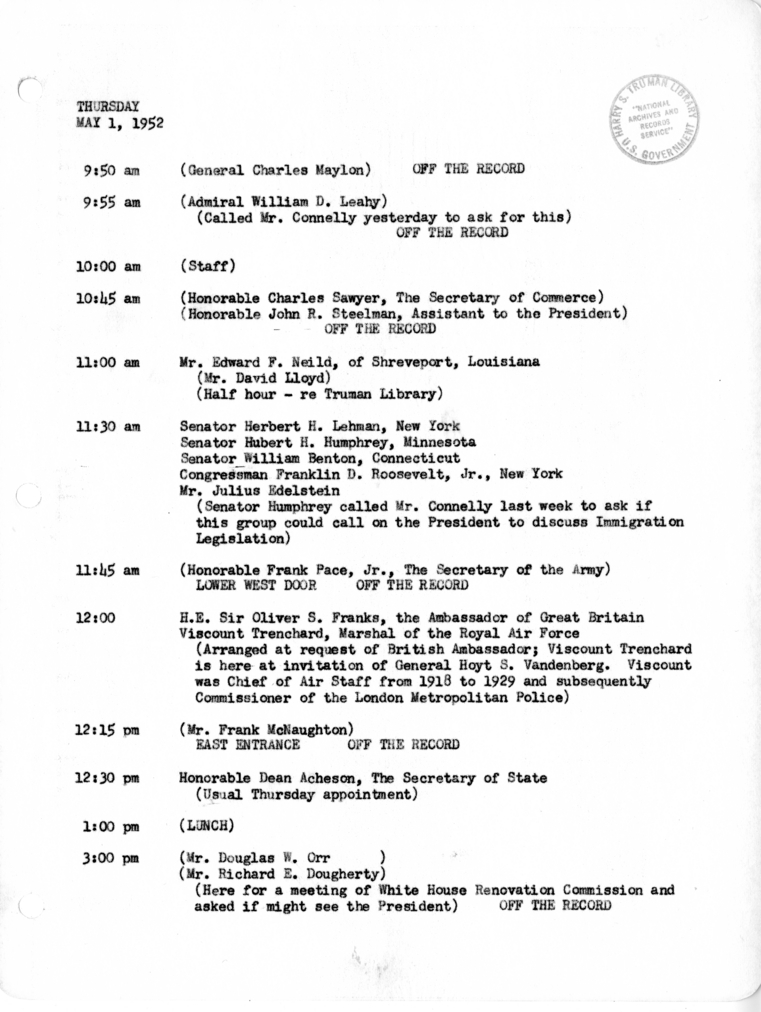 Daily Appointment Sheet for President Harry S. Truman