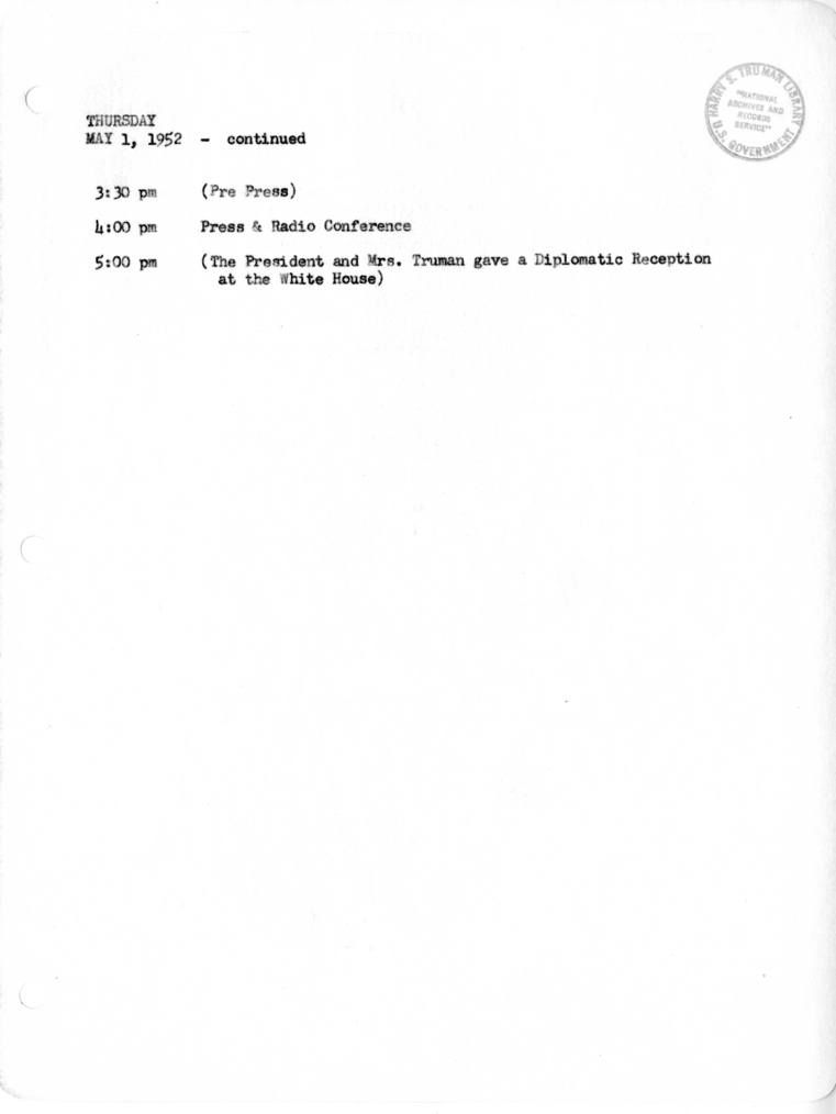 Daily Appointment Sheet for President Harry S. Truman