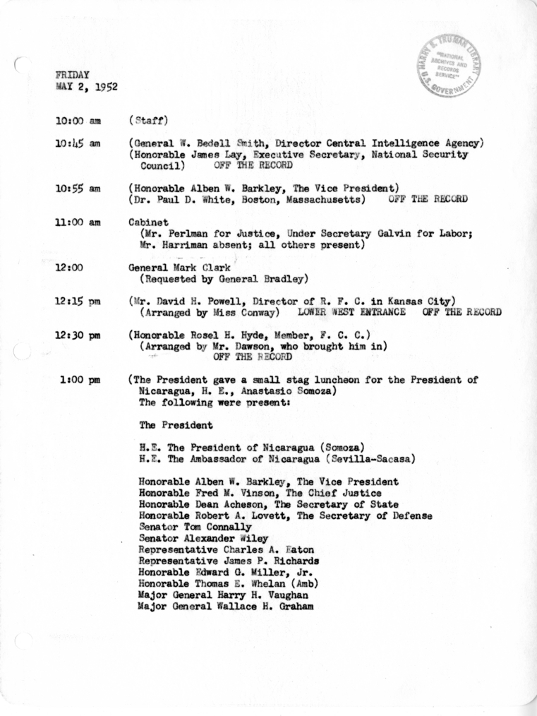 Daily Appointment Sheet for President Harry S. Truman