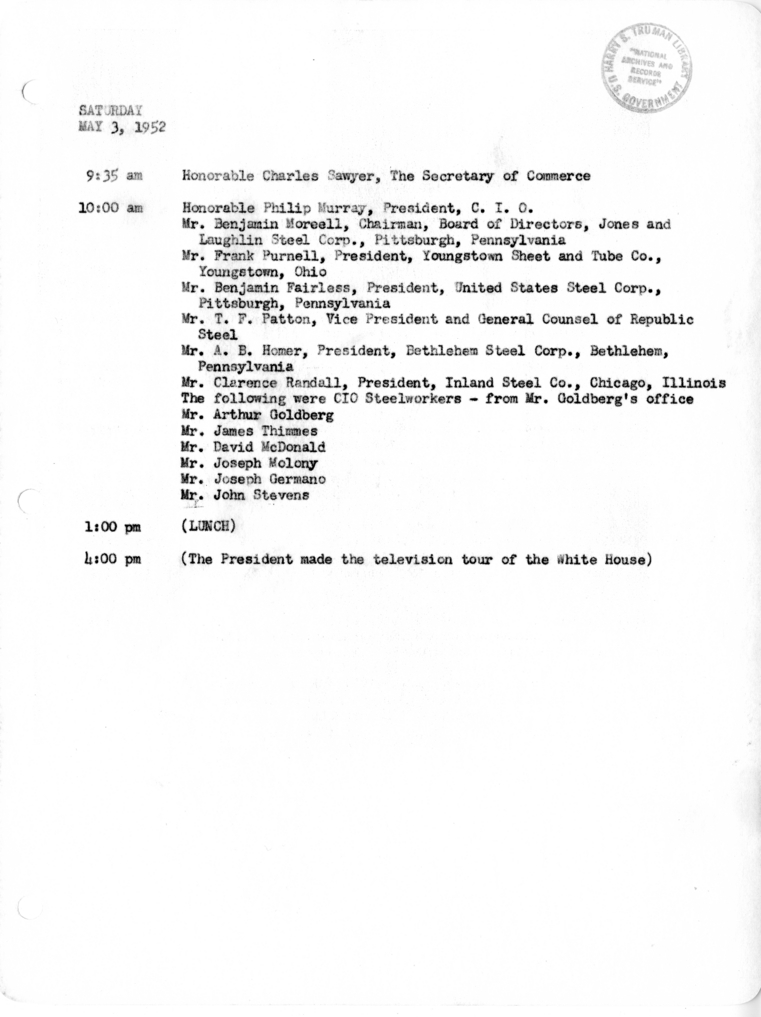 Daily Appointment Sheet for President Harry S. Truman