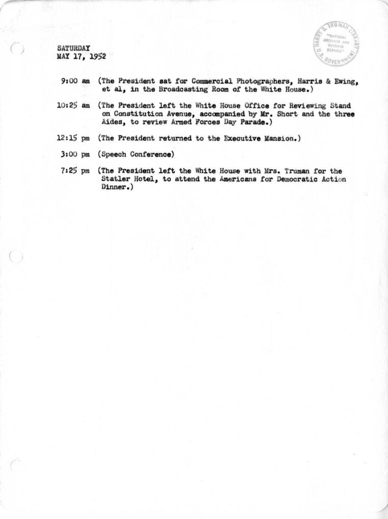 Daily Appointment Sheet for President Harry S. Truman