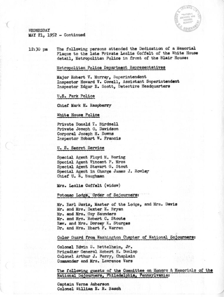 Daily Appointment Sheet for President Harry S. Truman